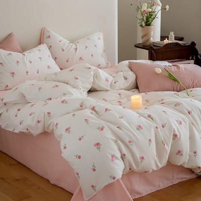 Dekbedovertrek Set - Beddengoed Set - Slaapkamer Decoratie - Verborgen Ritssluiting - 135x200 cm - Rosa Tulpen