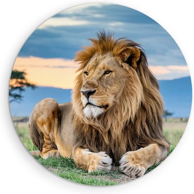 Saammp Muurcirkel Hout - Leeuw in de serangeti - Dieren - Natuur - Ø 90 - Wandcirkel - Wanddecoratie Cirkel - Muurdecoratie Woonkamer - Slaapkamer decoratie - Rond Schilderij