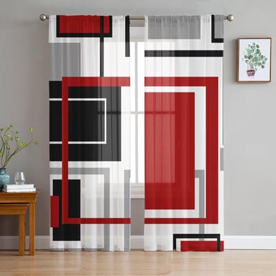 Abstracte Geometrie Vierkanten Moderne Kunst Rode Transparante Gordijnen voor Woonkamer Decoratie Raamgordijnen Keuken Tule Voile Gordijnen W135 x H115cm x1 black
