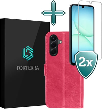 Hoesje Met 2x Screenprotector - Geschikt voor Samsung Galaxy A17 - Luxe Pasjeshouder - Flip Case - Bookcase Portemonee - Kunstleer Book Case - Flipcase Hoes - Book Cover - Walletcase - Portemonneehoes - Donkerroze