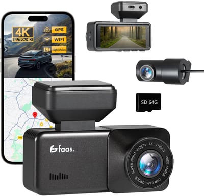 Dashcam - Incl. GPS functie - Voor en achter camera - met 64GB SD - 4K Full HD - Dashcam voor Auto - Zwart - Faas