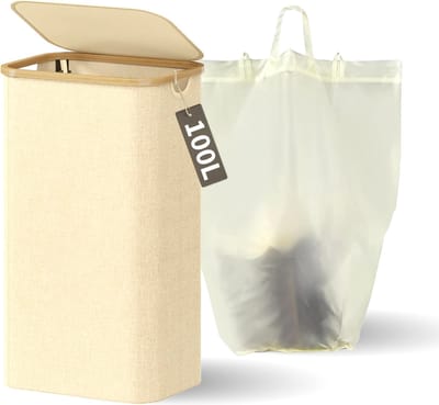 Wasmand met Deksel en Waszak - 100L - Groot Formaat - Wasmand - Opvouwbaar - Opbergmand - Linnen - Beige