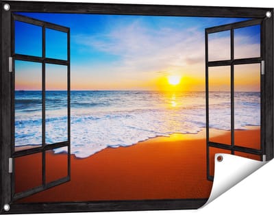 Gards Tuinposter Doorkijk Strand en Zee tijdens Zonsondergang - 90x60 cm - Tuindoek - Tuindecoratie - Wanddecoratie buiten - Tuinschilderij