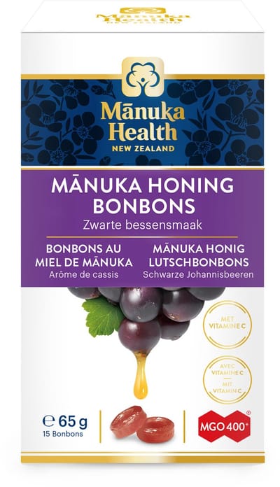 Manukahoning MGO 400+ druppels (zuigtabletten) met zwarte bessen smaak en vitamine C Nieuw-Zeeland 65g Manuka Health