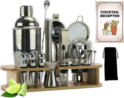 KitchenBrothers Cocktail Set - 25 delig - Inclusief Cocktail Shaker (750ml) - Compleet voor Cocktailbar - Lichtbruin/Bamboe - Cocktailset - BPA-Vrij - Met Receptenboekje - Cadeauverpakking