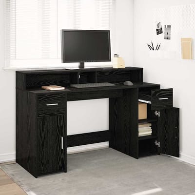 vidaXL - Bureau - met - lade - Zwart - eiken - 140 - x - 55 - x - 91 - cm - Bewerkt - hout