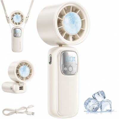Ventilator - Handventilator - Draagbare Turbo handventilator – Ventilator met 5 standen en koelmodus, instelbare snelheid, oplaadbare accu en digitaal display – Mini ventilator voor op reis, het strand, werk en buiten（wit）