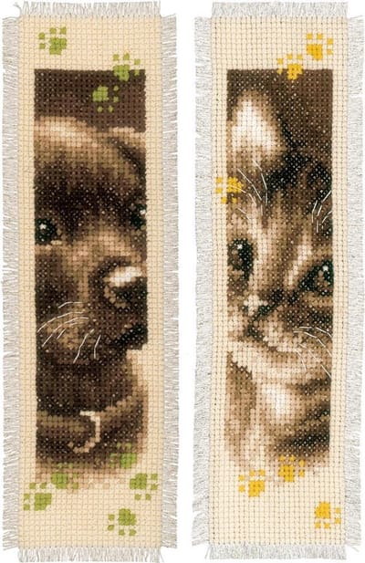 Vervaco - Bladwijzer kit - Sepia - Hond en poes set van 2 - PN-0155362 - Borduren - Borduurpakket - Borduurpakket volwassenen - Borduurpakket kind