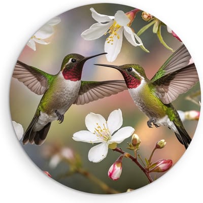 Saammp Muurcirkel Hout - 2 Kolibries tussen de witte bloemen - Dieren - Bloemen - Ø 90 - Wandcirkel - Wanddecoratie Cirkel - muurdecoratie Woonkamer - Slaapkamer decoratie - Rond Schilderij