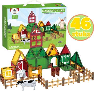 BoefieBoef Magnetisch Speelgoed - 46-delig Boerderij Dieren Magnetic Tiles - Educatief Constructiespeelgoed met Licht - Kinder Bouwblokken voor Peuter & Kleuter 3+ Jaar - Compatibel met Magna-Tile & Magformer - jongen & meisje VerjaardagsCadeau
