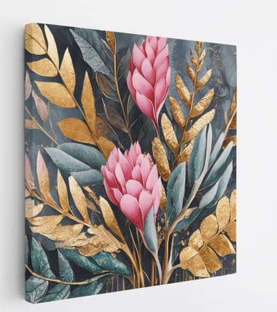 Saammp Canvas Schilderij - Grote roze bloemen en gouden bladeren - Modern - 20x20 - Foto op canvas - Wanddecoratie - Muurdecoratie Woonkamer - Kantoor Decoratie