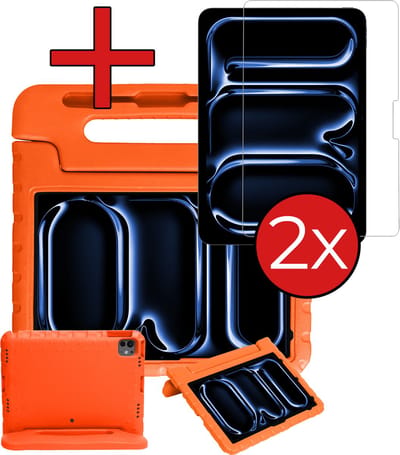 Hoesje - Geschikt voor Apple iPad Pro (2024/2025) - 13 inch - Met 2x Screenprotector - Kinderhoes - Shockproof Bumper - Kidsproof Case - Tablethoes - Kinder Hoes Cover - Oranje