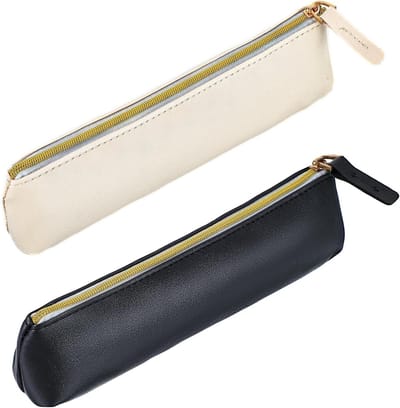 Leren etuis set van 2, pennenetui voor pennen en make-up, klein en smal met ritssluiting - draagbaar en veelzijdig in zwart en beige