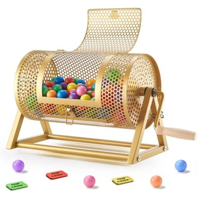 VEVOR Lottrommel, 295xø167mm, Lottrommel met Een Capaciteit van 2500 Loten of 100 Lotballen, Lottrommel met Slinger en Driehoekige Standaard, voor Evenementen en Feesten, Goudkleurig