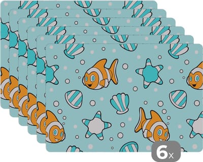 Placemat - Placemats kunststof - Patroon - Clownvis - Zee - Dieren - 45x30 cm - 6 stuks - Hittebestendig - Anti-Slip - Onderlegger - Afneembaar