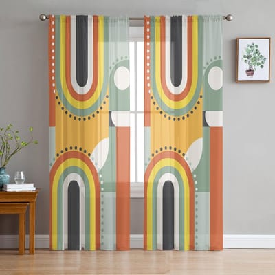 Abstracte Middeleeuwse Geometrie Voile Transparante Gordijnen Voor Woonkamer Raam Chiffon Tule Gordijn Keuken Slaapkamer Gordijnen Huisdecoratie 135W x 114H(cm) beige