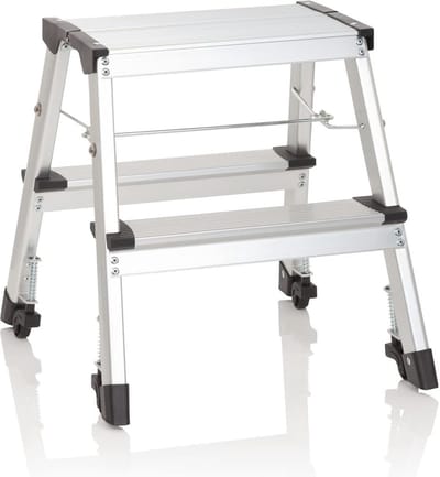 Trapladder met Wielen - Opvouwbare Aluminium Vouwladder met 2 Treden aan Beide Zijde