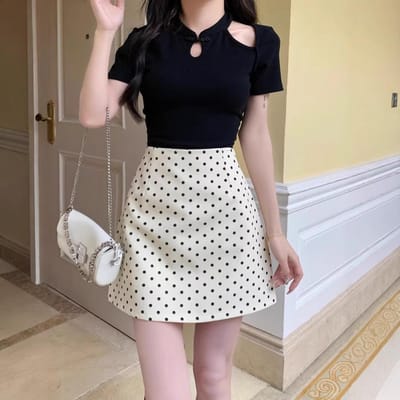 Jupe à pois blancs, Décontractée, Jupe polyvalente moulante, Jupe d'été high-waisted ligne A pour fille tendance, Jupe courte de costume XXXL blanc cassé