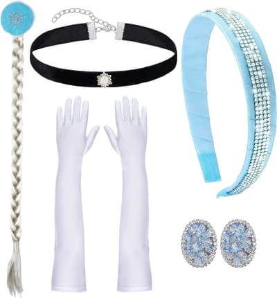 Blauwe Prinsessen Kroon, Witte Handschoenen, Zwarte Ketting en Strass Oorbellen voor Prinsessen Carnaval Kostuum met Vlechtset