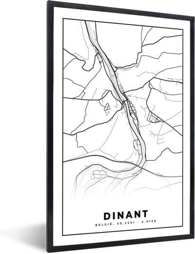 Fotolijst incl. Poster Zwart Wit- Zwart Wit – België – Plattegrond – Stadskaart – Kaart – Dinant - 40x60 cm - Posterlijst