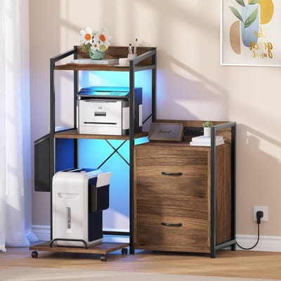Verrijdbare Printertafel met Oplaadstation & LED Verlichting - Archiefkast met 2 Lades & PC Houder - Kantoorkast - 96x125 cm - Zwart