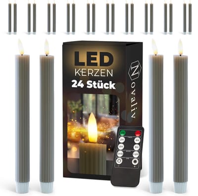 Novaliv LED-kaarsen, 12 stuks, echte was, geribbeld, taupegrijs, met timerfunctie, 6 uur, 23 cm hoogte voor kaarsen, 2,2 cm diameter, 2 AAA-batterijen vereist. LED-kaarsen, set van 2, 6x bewegende vlam.