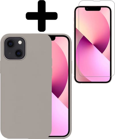 Hoesje - Met Screenprotector - Geschikt voor Apple iPhone 14 - Sterk & Shockproof - Back Cover - Siliconen Case - Telefoon Hoes - Telefoonhoesjes - Grijs