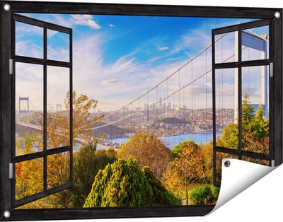 Gards Tuinposter Doorkijk Bosphorus Brug in Instanbul - 90x60 cm - Tuindoek - Tuindecoratie - Wanddecoratie buiten - Tuinschilderij