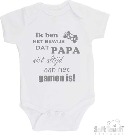 100% katoenen Romper "Ik ben het bewijs dat PAPA niet altijd aan het gamen is!" Unisex Katoen Wit/grijs Maat 56/62