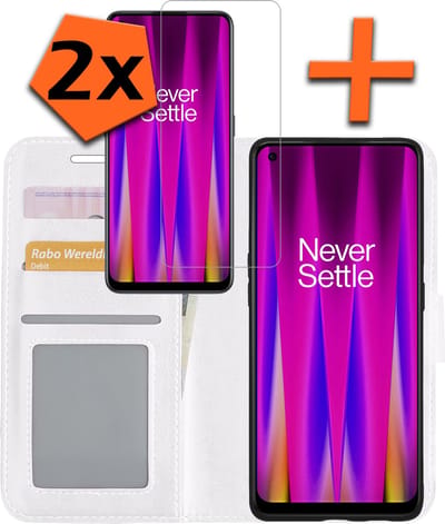 Hoes - Met 2x Screenprotector - Geschikt voor OnePlus Nord CE 2 - Luxe Pasjeshouder - Bookcase Portemonee - Flip Case - Kunstleer Book Case - Flipcase Hoes - Book Cover - Walletcase - PortemonneeHoes - Wit