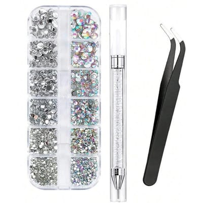 12 Vakjes 6 Maten Heldere Strass Steentjes Platte Achterkant Glanzende Kristallen Nail Art Edelstenen Met Pincet En Strass Prikker Dotting Pen Nail Art Gereedschap