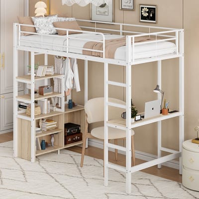 Gutent Kinderbed, Wit(Zonder matras), 90*200cm, IJzeren bed , met Bureau, met Stopcontacten en USB, Meerdere planken, Open kast, Ladder (zonder stoel)