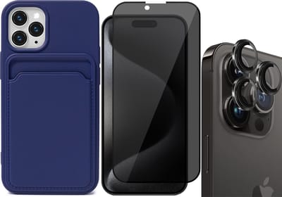 Hoesje Pasjeshouder geschikt voor iPhone 15 Pro - Privacy Screenprotector FullGuard + Camera Lens Screen Protector Zwart - Siliconen Case Back Cover Blauw