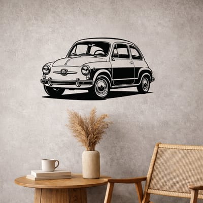 BR2Laser Fiat 600 Retro – Wanddecoratie – Lasergesneden Hout – Autokunst – 35 cm Breed
