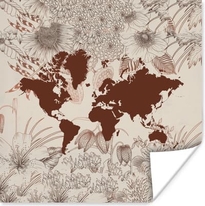 Poster 30x30 cm - Wereldkaart - Bloemen - Rood - Posters - Kamer decoratie - Wanddecoratie woonkamer - Muurdecoratie slaapkamer