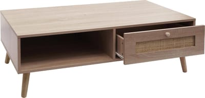 Salontafel MCW-M39, woonkamertafel bijzettafel sofatafel, lade Kubu rotan hout melamine, 37x110x59cm eiken-look