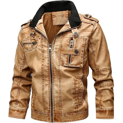 Veste en cuir PU délavée à col montant pour homme, veste en cuir décontractée de grande taille pour moto, automne et hiver 8XL beige