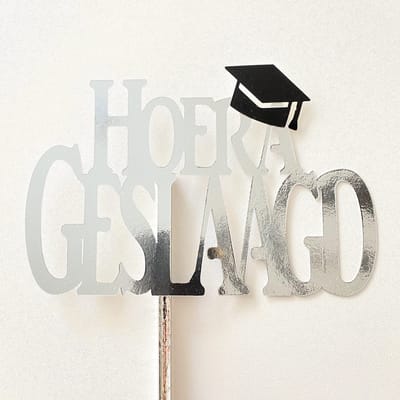 Taarttopper | Taart topper | Geslaagd | Diploma | Zilver Glans | 14 cm | karton