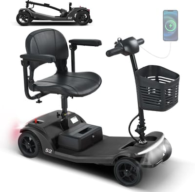 Elektrische Scootmobiel S2 - Scootmobiel Senioren - 4 Wiel Scootmobiel - Mobiliteit Scooter - Elektrische Rolstoel Scooter - Opvouwbare - Scooter - USB Aansluiting - 6 km/u - Draagkracht 136 kg - Zwart
