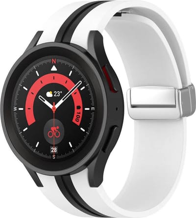 Strap-it Smartwatch bandje - magnetische siliconen horlogeband geschikt voor Samsung Galaxy Watch 7 (40 & 44mm) / Watch 6 Classic / Watch 6 40 & 44mm / Watch 5 Pro / Galaxy Watch 5 40 & 44mm / Watch 4 (Classic) / Watch FE - wit/zwart