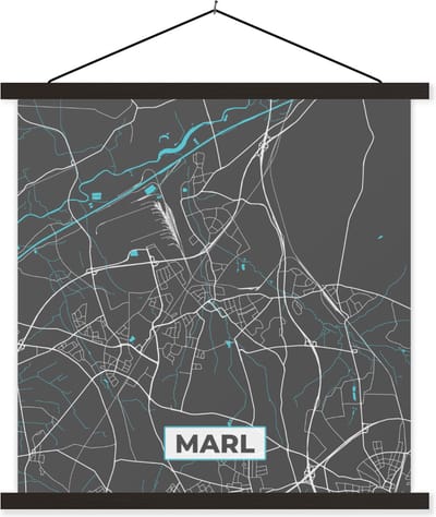 Posterhanger incl. Poster 40x40 cm - Schoolplaat - Blauw – Duitsland – Plattegrond – Stadskaart – Kaart – Marl - Textielposter - Zwarte latten - Stadskaart