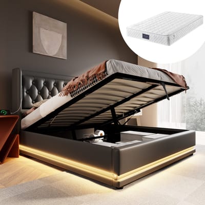 DESMIU Gestoffeerd Bed 140x200 cm – USB En Type C In Hoofdbord – Hydraulische Opbergruimte En Driezijdige Ledverlichting – Tweepersoonsbed – PU – Zwart – Met Matras
