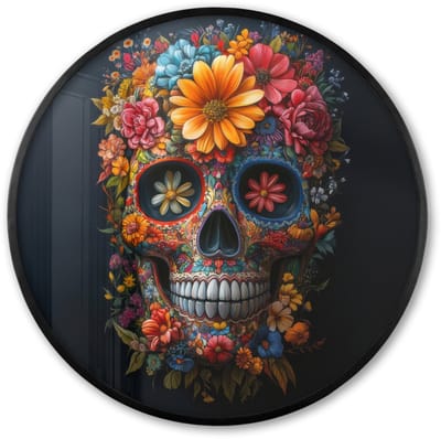 Poster in lijst Rond - Fotolijst 60x60 cm - Posters - Bloemen - Kleurrijk - Schedel - Ronde posterlijst zwart - Decoratie - Wanddecoratie woonkamer - Muurdecoratie slaapkamer