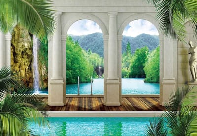 Fotobehang Tropical pool Arches | XL - 208cm x 146cm | 130g/m2 Vlies