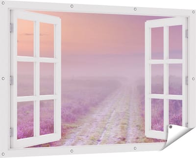 Gards Tuinposter Doorkijk Pad in de Weide tijdens de Mist - 150x100 cm - Tuindoek - Tuindecoratie - Wanddecoratie buiten - Tuinschilderij