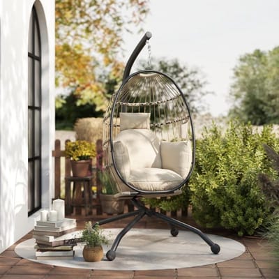 Hangstoel-Oeuvorm-Gevlochten Schommelstoel Binnen Buiten Fauteuil Beige Met Stalen Frame Opvouwbaar Mand Design Met Dik Kussen En Drankhouder