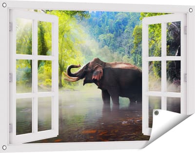 Gards Tuinposter Doorkijk Olifant in het Water - 90x60 cm - Tuindoek - Tuindecoratie - Wanddecoratie buiten - Tuinschilderij