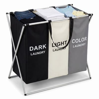 Cheqo® Wasmand met 3 Vakken - Wassorteerder - Opvouwbaar - Sorteren voor Badkamer - Was Organizer - Wasgoed - Donker Licht Kleur - Aluminium Frame - Laundry Basket - Waszak - Inklapbaar - Wasbox - Stevig voor Slaapkamer en Wasruimte