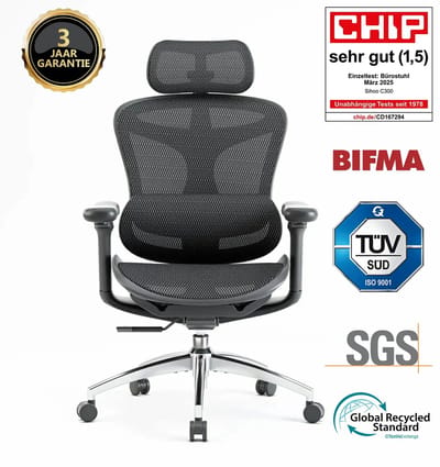 SIHOO Doro C300 Ergonomische Bureaustoel - 3D Armleuningen - Zelfaanpassende Lendensteun - Slim Gewichtsmechanisme - Mesh Rugleuning - 3 Kantelstanden - TUV/SGS Gecertificeerd - Tot 150kg - 70x69x128cm——Zwart