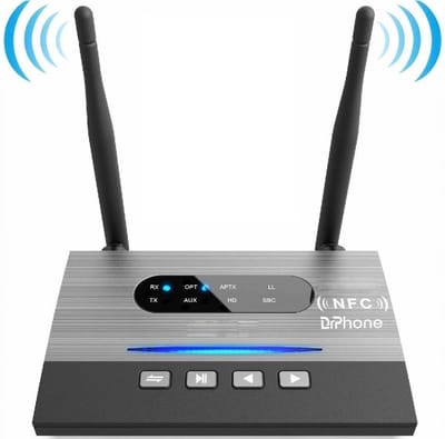 DrPhone SKYLINK MEGA - 3 in 1 Bluetooth Audio Adapter AptX - Toslink SPDIF Receiver - RX / TX / ByPass - Receiver / Ontvanger - 80M afstand - 2 Koptelefoons - AptX